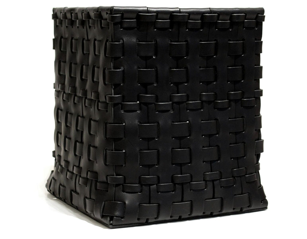 Square Leather Woven Basket in Black | Oscar Maschera